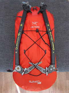 Arc'teryx Alpha FL 45 with ice axes Arcteryx Alpha FL 45