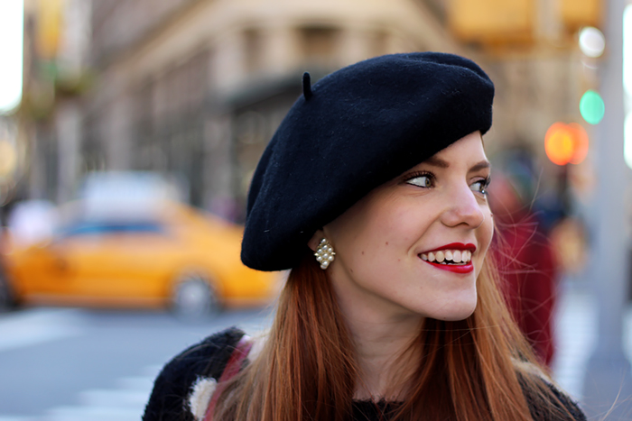 NYC Fashion Blogger outfit with fluffy polka dot sweater, brogues and a beret