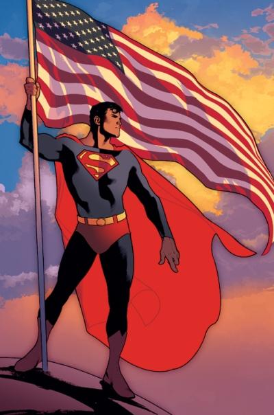 SUPERMAN CON LA BANDERA DE ESTADOS UNIDOS Dibujo de Superman junto a la bandera de Estados Unidos