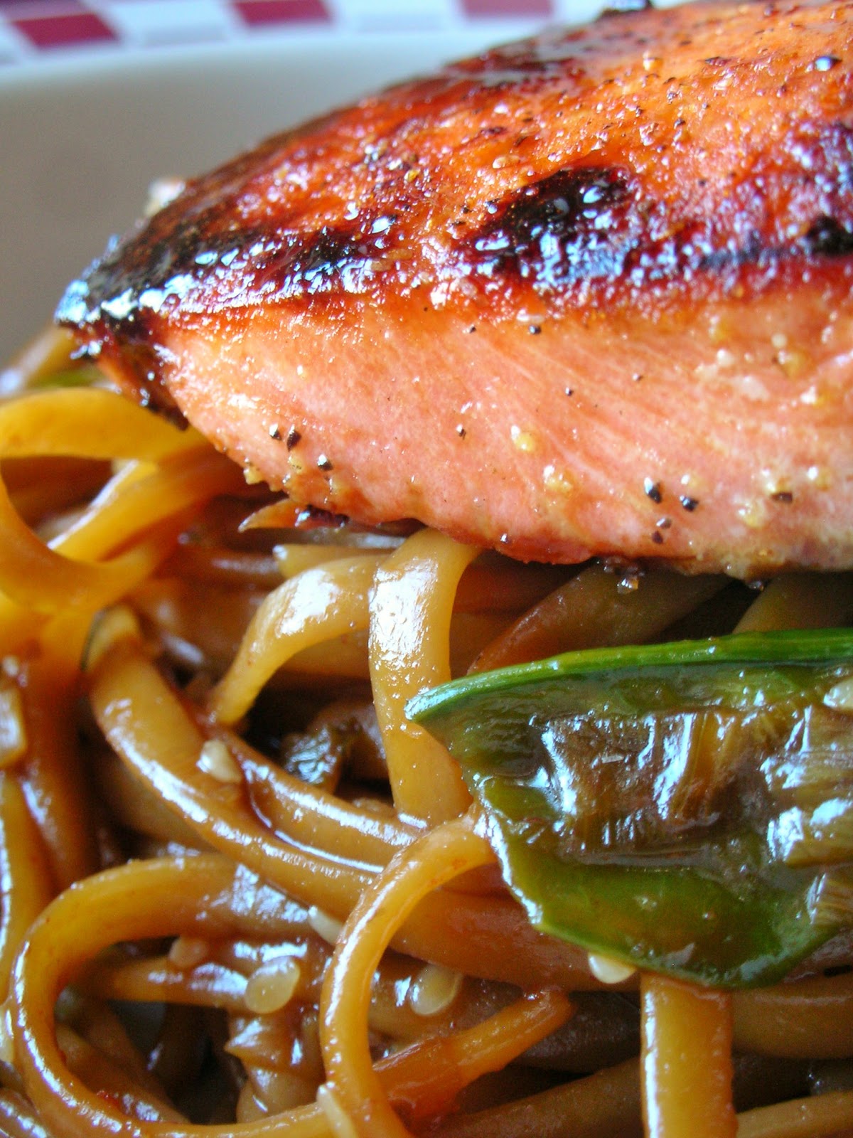 Basil Asian Salmon Pasta with Snow Peas and Mushrooms