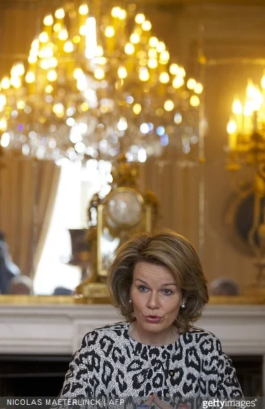 Belgium's Queen Mathilde attends a presentation on poverty at the Royal Palace