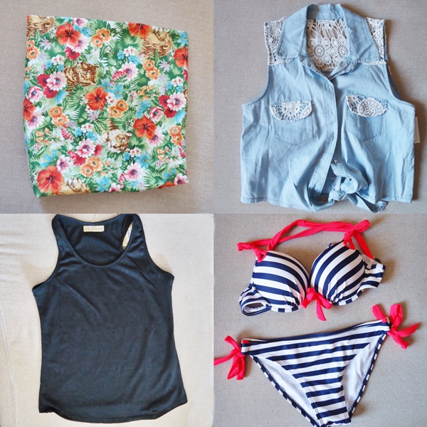 Comprinhas de roupas tecido floral, blusas, biquini navy