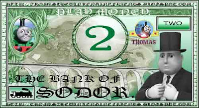 Green engine Percy Thomas the train free printable play money for kids number two 2 paper toy bill