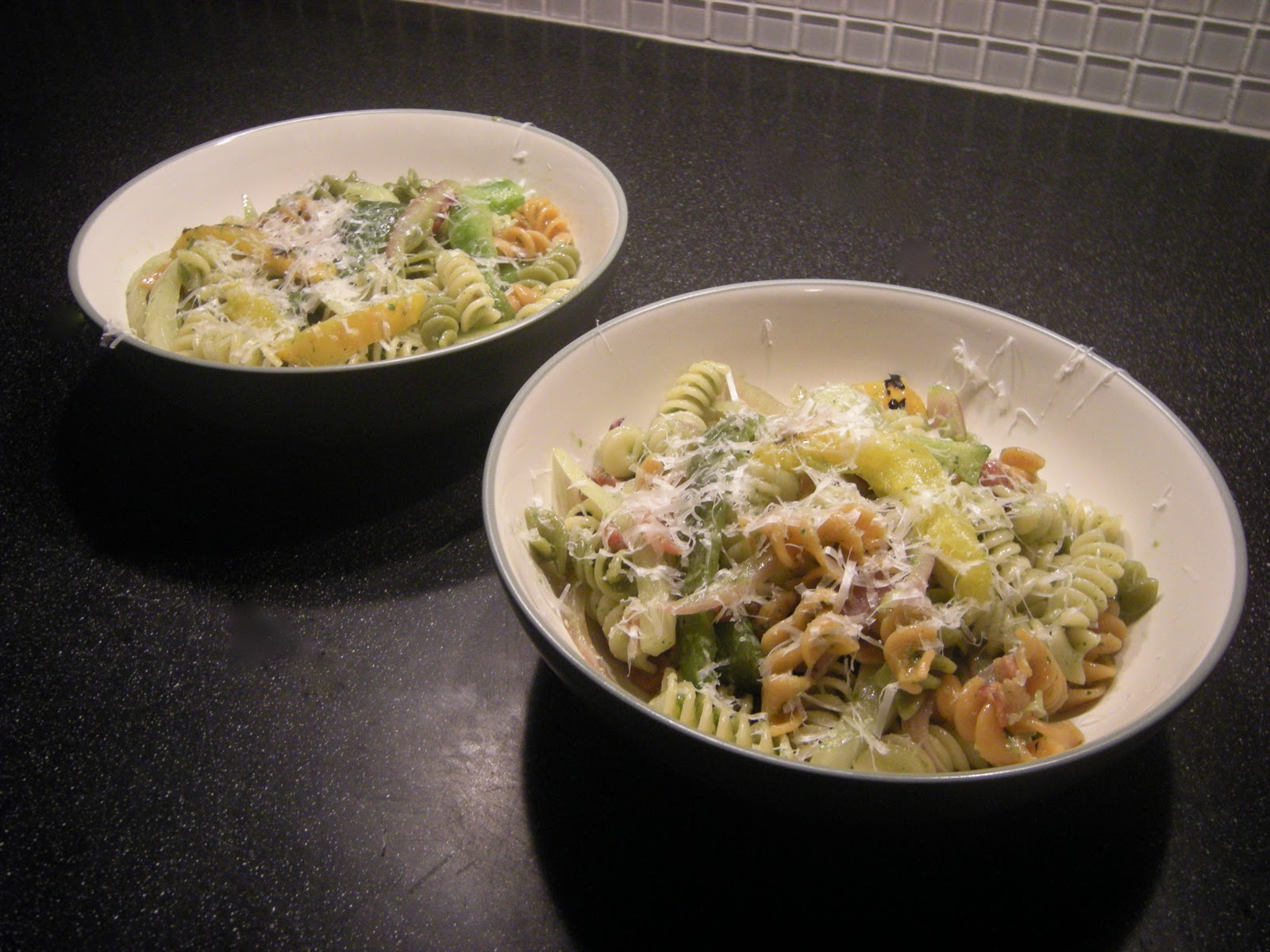 The Zippicurean Pasta with Fennel, Bacon, Roasted Peppers in Pesto