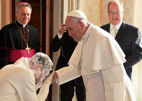 Pope Francis meets Prince Albert II of Monaco, Princess Charlene of Monaco and their delegation during at the Apostolic Palace