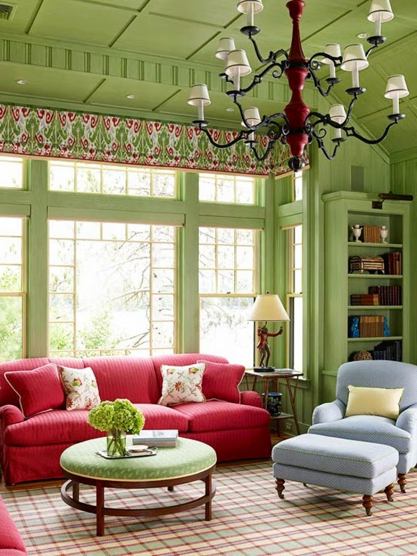 classic green living room color schemes with toch of red and blue
