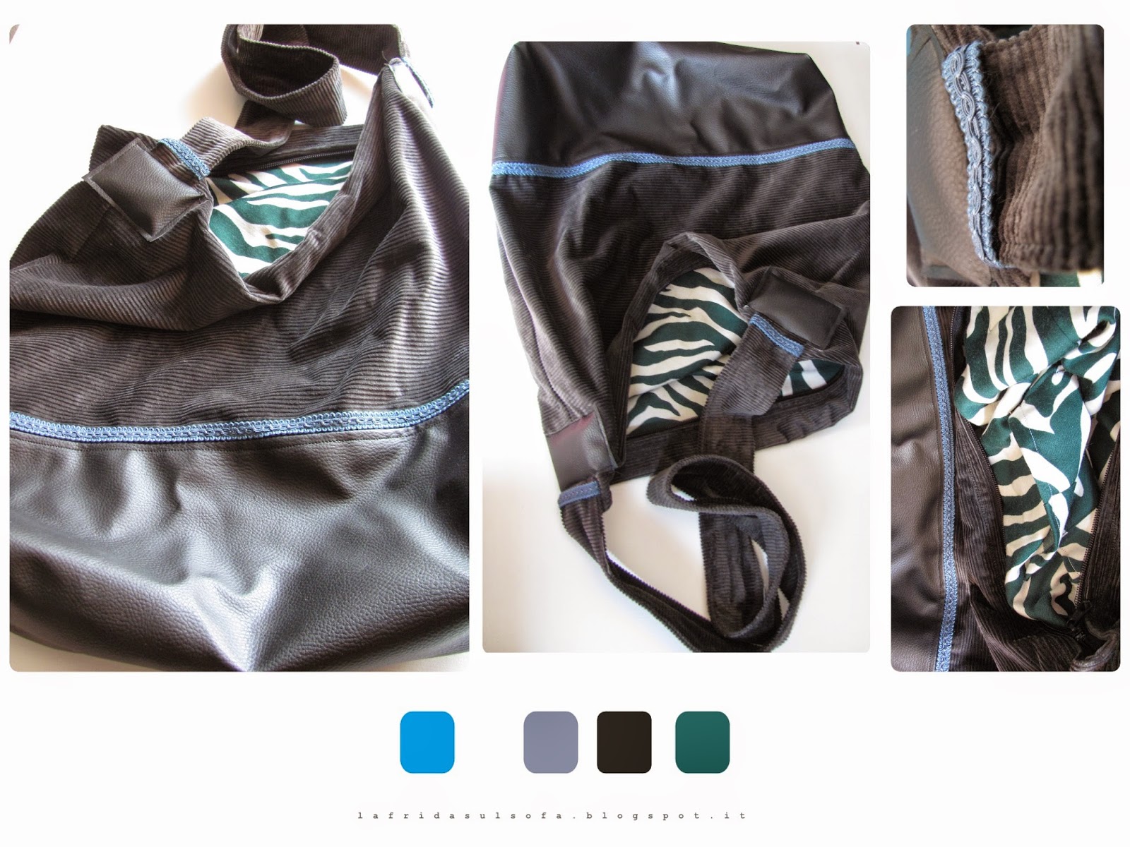 Tote bag grigio-nero e azzurro - Grey Black and blue tote bag By La Frida sul sofà