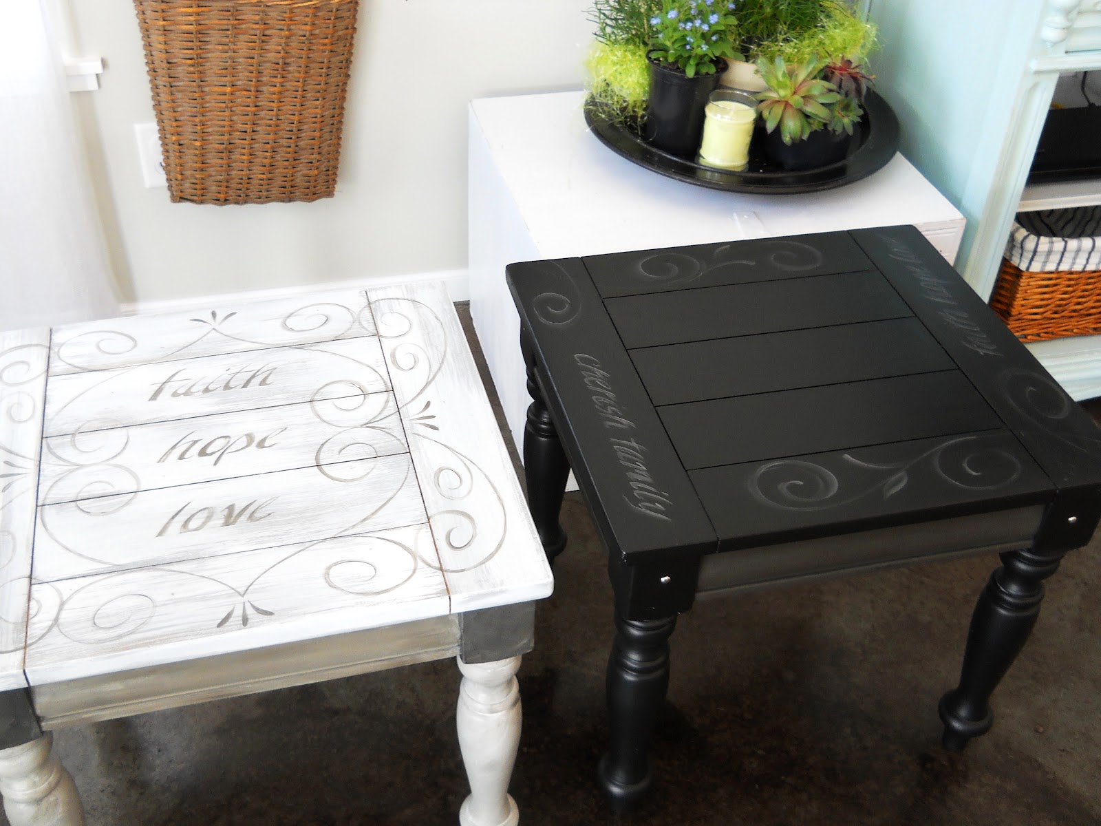 Lake Girl Paints Black End Table with Painted Scroll and Text