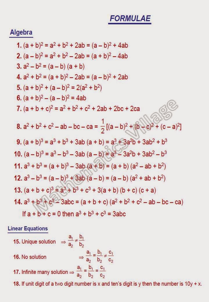 10th Math Formula Chart