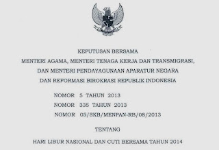 SKB 3 menteri tentang Hari libur Nasional dan cuti bersama tahun 2014