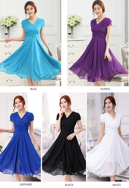 Best Buy 5-Color Short Sleeve Layer Chiffon Flare Dress