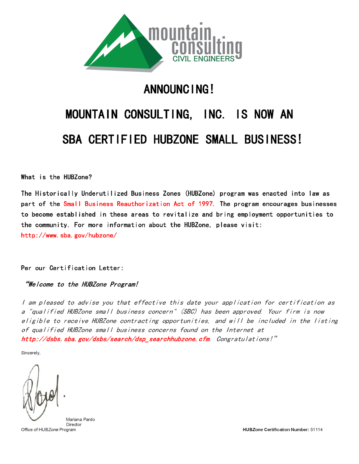 Updates SBA Certified HUBZone Small Business