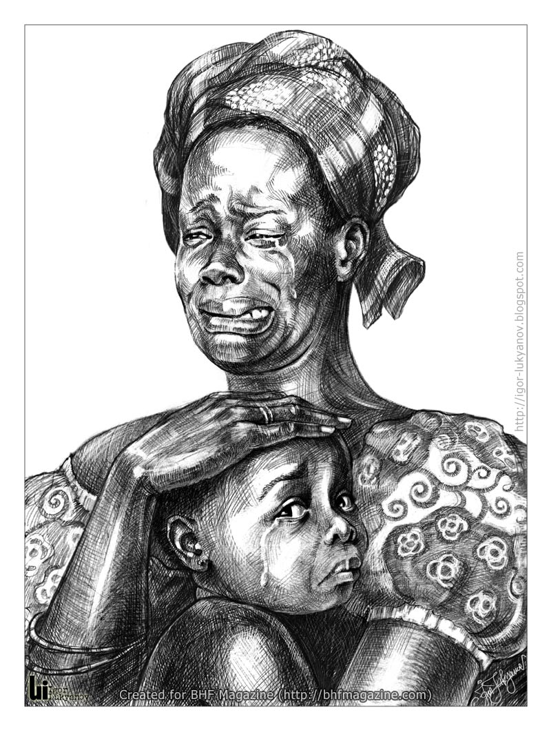 portrait of a weeping african woman with a child