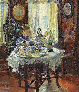 One day, my breakfasts will be so leisurely. A Victorian girl sits for breakfast in a lush room.