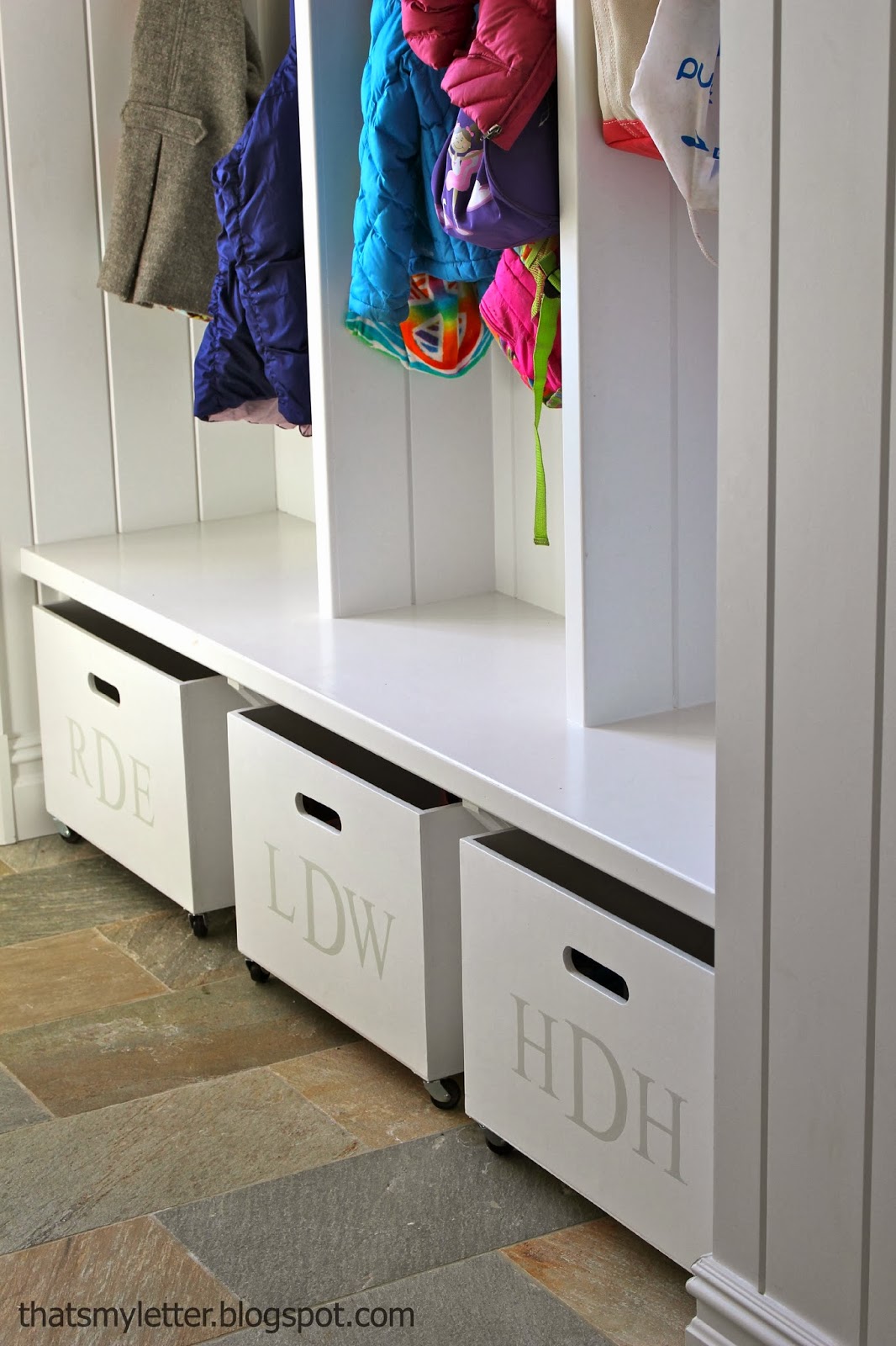 That's My Letter DIY Mudroom Bins on Wheels
