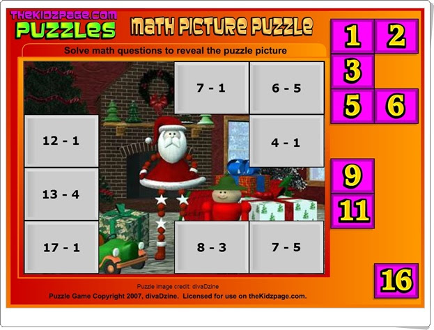 http://www.thekidzpage.com/learninggames/math_picture_puzzles/christmas-math-pic-puzzle-subt.swf