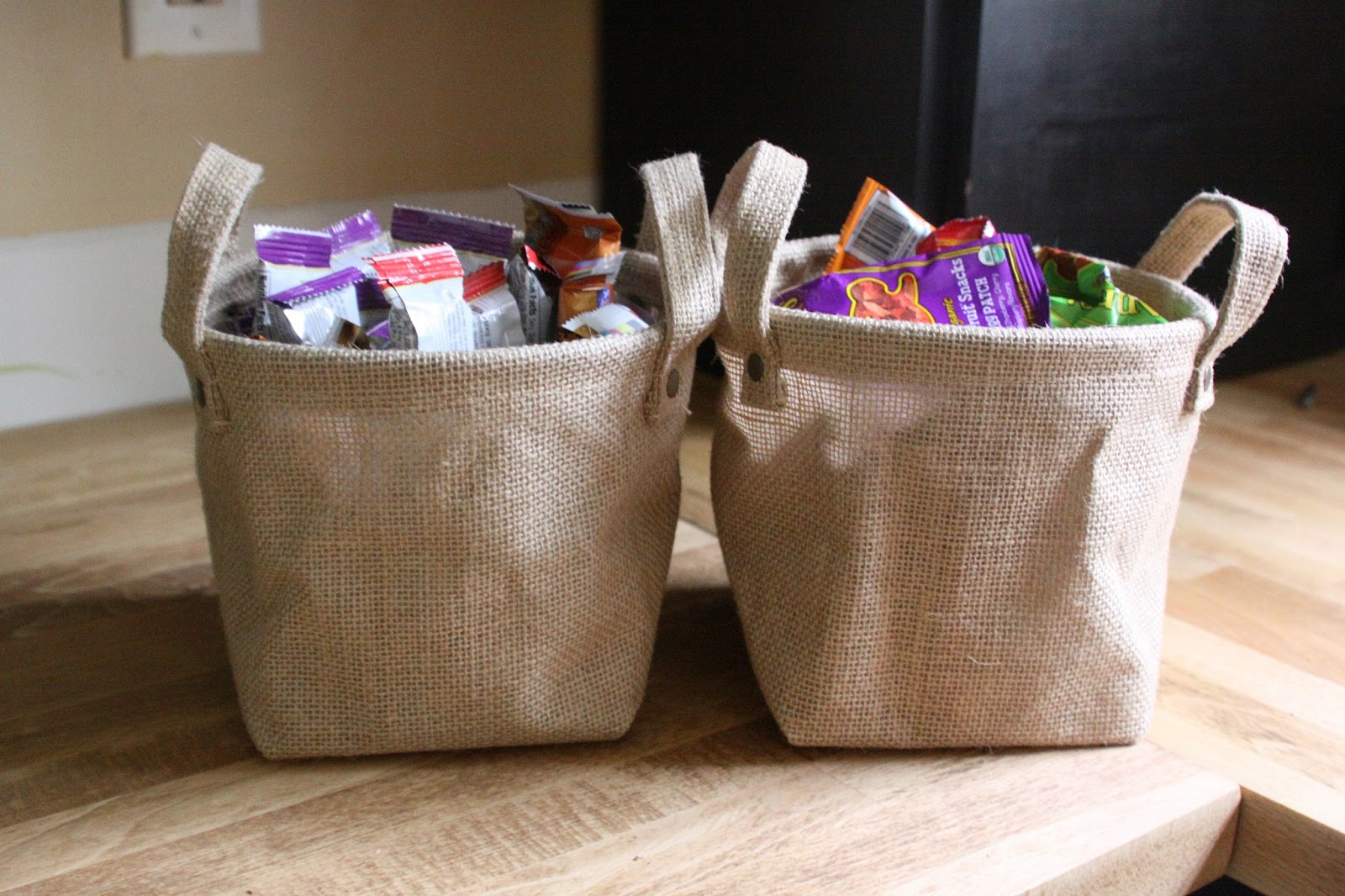 Our Pinteresting Family Burlap Baskets for Kitchen Storage
