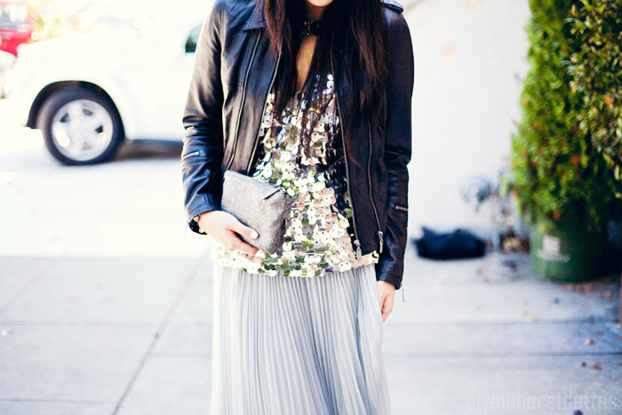 zara sequin paillettes silver top, von vonni pleated maxi skirt, my tribe leather jacket, amrita singh gunmetal necklace, san francisco, fashion blog, street style, diya liu