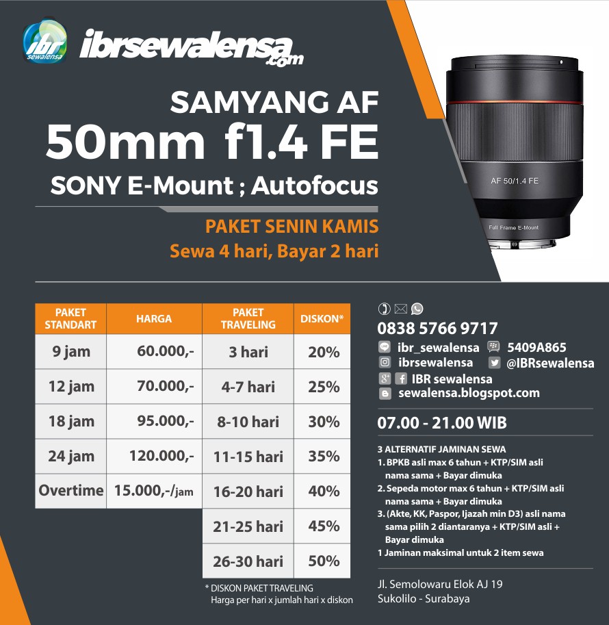 SAMYANG AF 50mm f1.4 FE for SONY SEWA KAMERA RENTAL LENSA  (Autofocus) IBR sewa lensa surabaya
