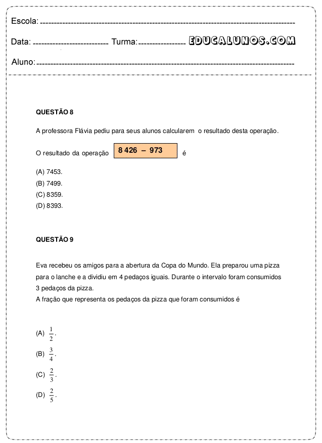 Resolva as operações numéricas