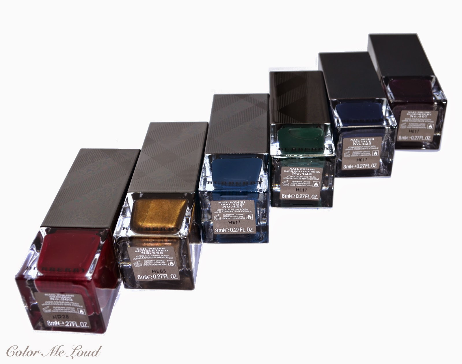 Burberry Nail Polish #407 Elderberry, #423 Dark Bottle Green, #425 Ink Blue, #427 Teal Blue and #445 Antique Gold from Bloomsbury Girls Collection for Fall 2014, Review & Swatches