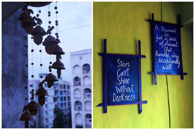 Aarti Verma handmade wall quotes, terracotta wind chimes