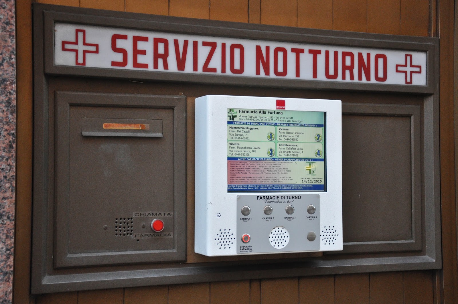 A screen displaying information about pharmacies on duty, Vicenza, Veneto, Italy