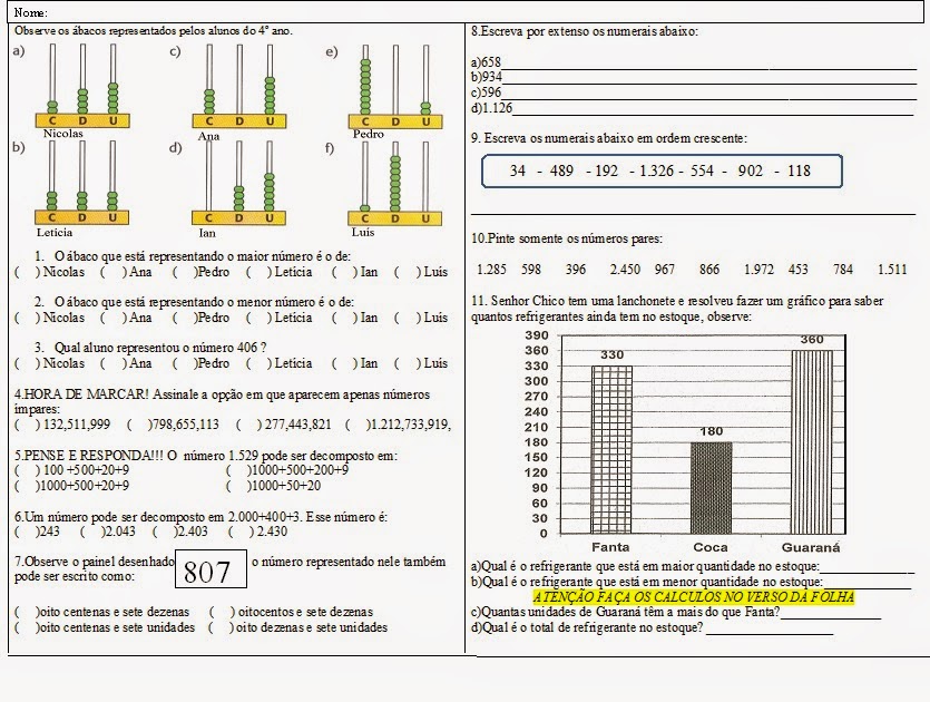 Professora Adriana Nicolodelli: Atividades de Matemática 4º ano