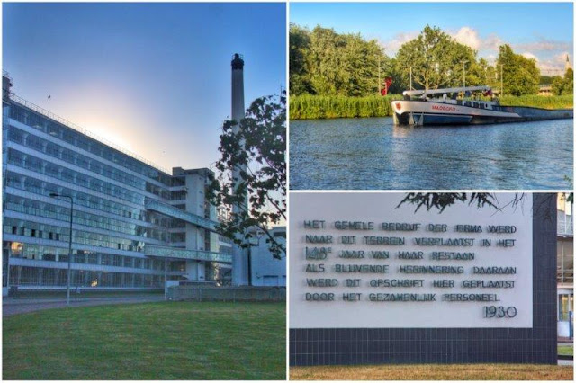 Fabrica Van Nelle fabriek en Rotterdam – Canal y barco junto a la fabrica – Inscripcion en la fachada de la fabrica