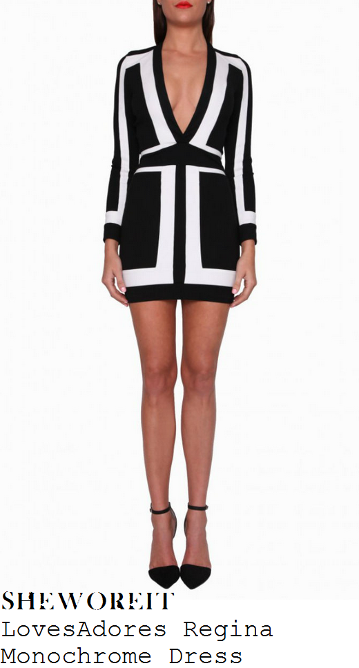 chloe-goodman-black-white-monochrome-long-sleeve-plunge-front-mini-dress
