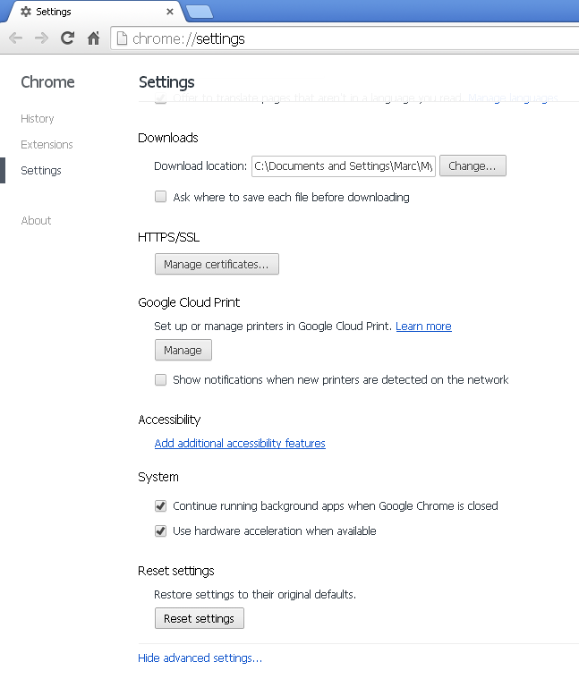Google Chrome Reset settings