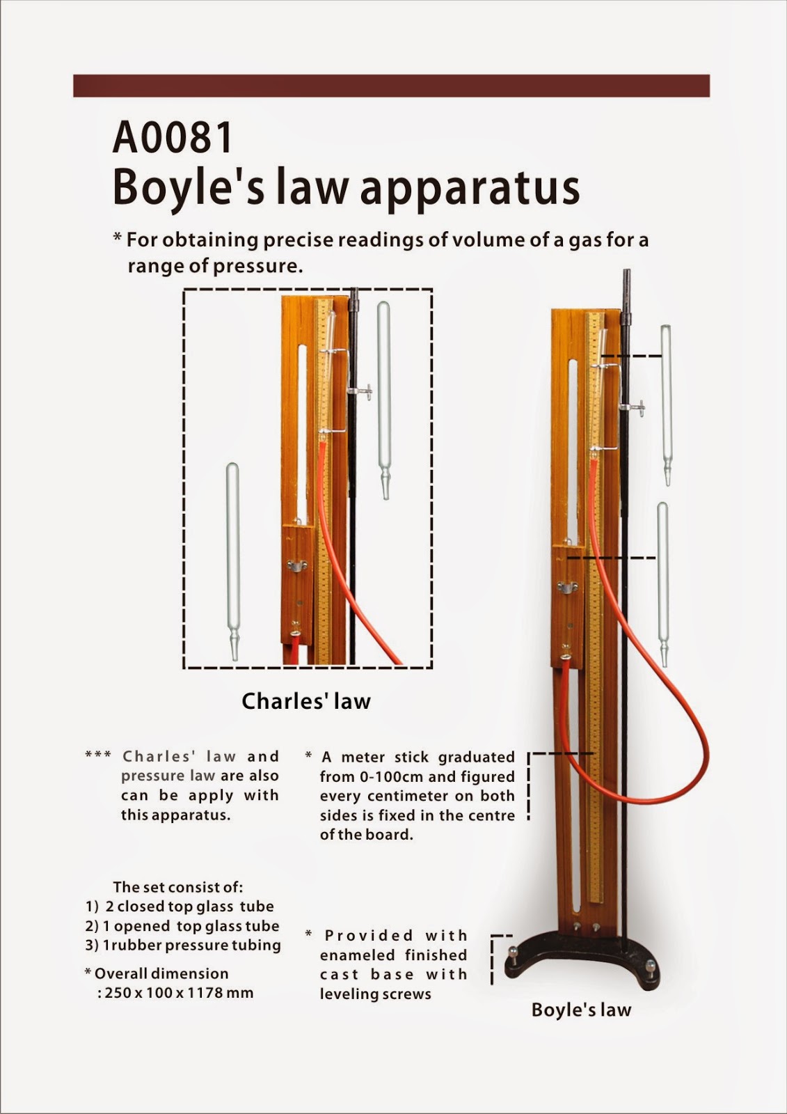 boyles law apparatus This apparatus is designed for class-demonstration use comprising of an upright extruded aluminium column and reservoir with bourdon gauge mounted on a heavy base a wide bore vertical tube and graduated scale on a white background is mounted to the alu. boyles law apparatus This apparatus is designed for class-demonstration use comprising of an upright extruded aluminium column and reservoir with bourdon gauge mounted on a heavy base a wide bore vertical tube and graduated scale on a white background is mounted to the alu.
