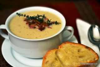 Roasted Cauliflower Soup with Aged Cheddar and Bacon