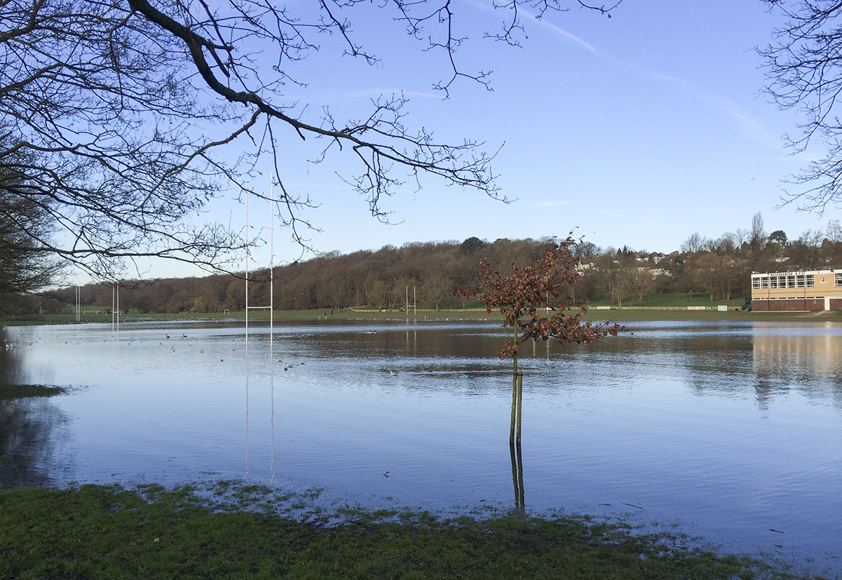 Flooded rugby pitches at Sparrow's Den, at the bottom of Corkscrew Hill, West Wickham. 24 February 2014. Flooded rugby pitches at Sparrow's Den, at the bottom of Corkscrew Hill, West Wickham. 24 February 2014.