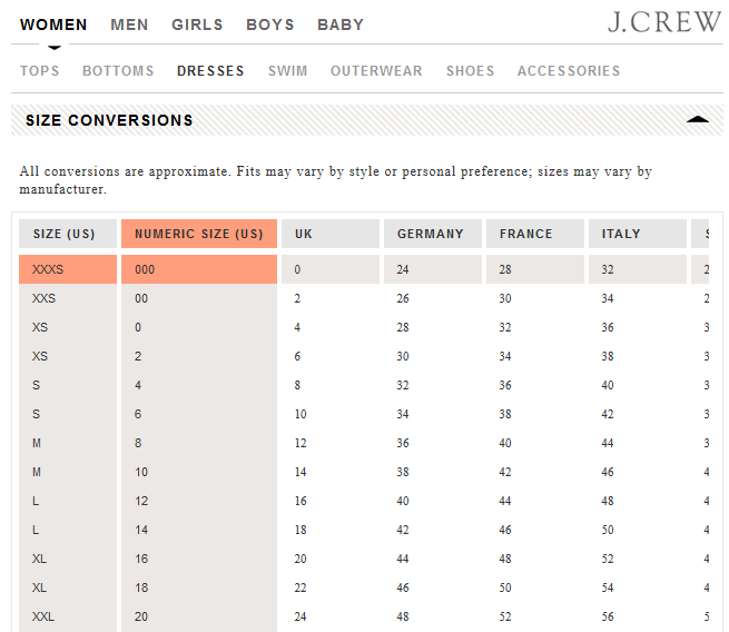 J Crew Dress Size Chart
