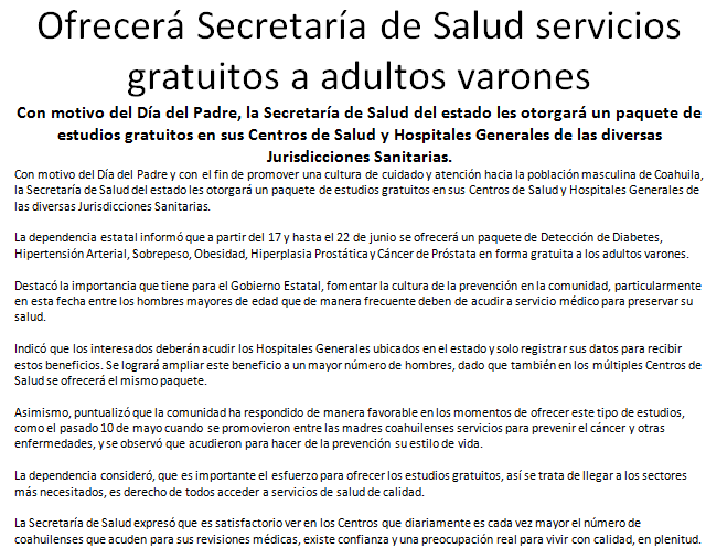 Ofrece Secretaria de Salud Servicios Gratuitos a Varones