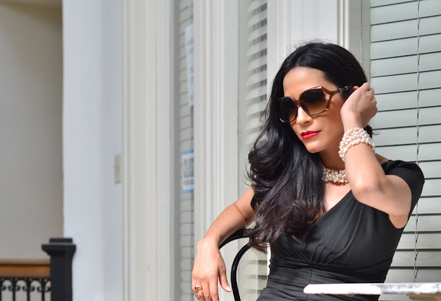 Rachel Zoe Black Cocktail Dress, Gianvito Rossi White Heels, Art Deco, Gucci Sunglasses, Eclectique Boutique pearl necklace and bracelet, fine jewelry Rachel Zoe Black Cocktail Dress, Gianvito Rossi White Heels, Art Deco, Gucci Sunglasses, Eclectique Boutique pearl necklace and bracelet, fine jewelry