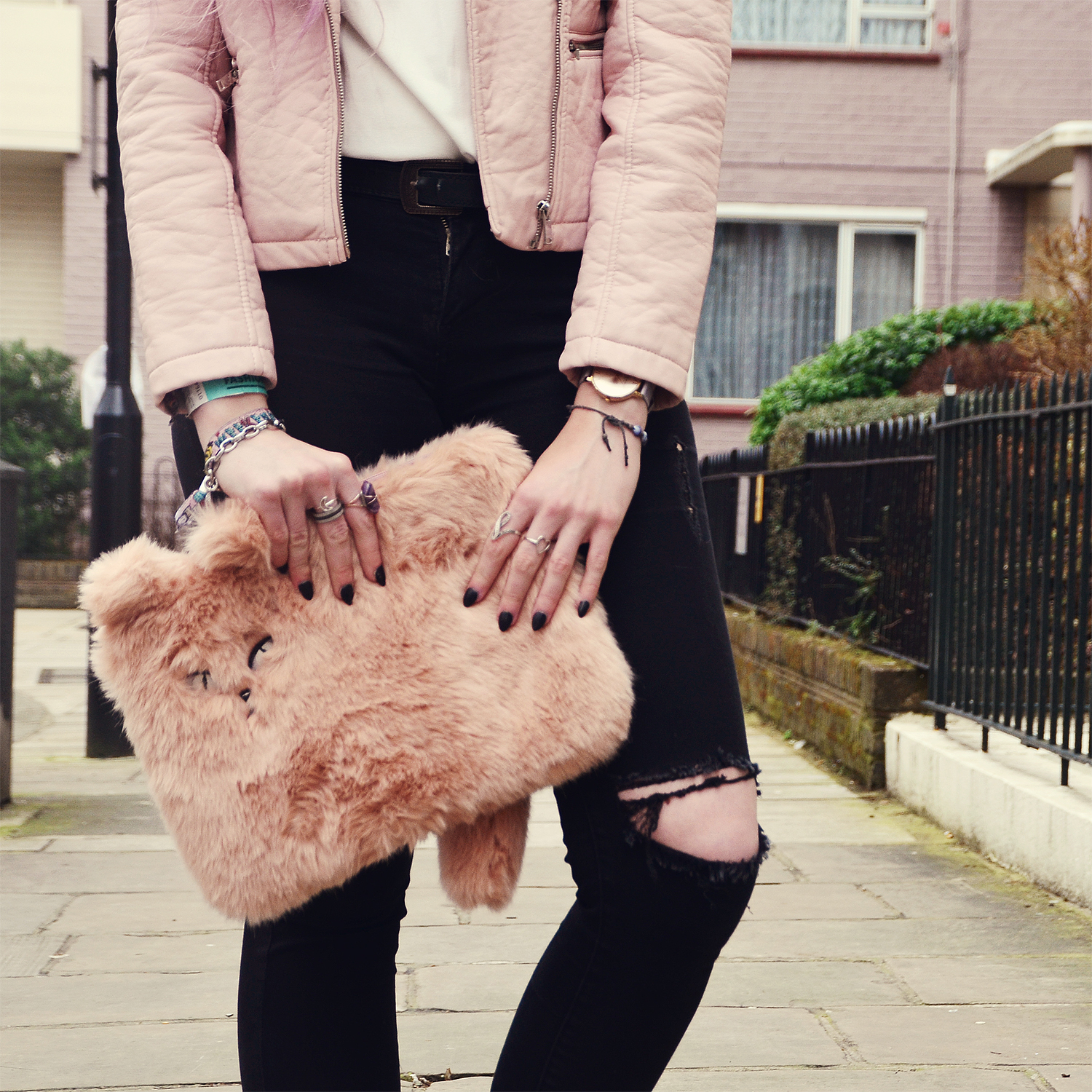 Stephi LaReine// UK Lifestyle Blogger at London Fashion Week: Day Three, Outfit: Pastel pink leather jacket // Primark White pussycat bow blouse shirt * // CN Direct Black ripped jeans * // Quiz Clothing Pink Fluffy Cat Bag Purse // New Look Beige Chunky Platform Brogues * // The Style Edit Watch // Olivia Burton Rings * // Black Moon, Lilac Moon, Story, Pretty Attitude