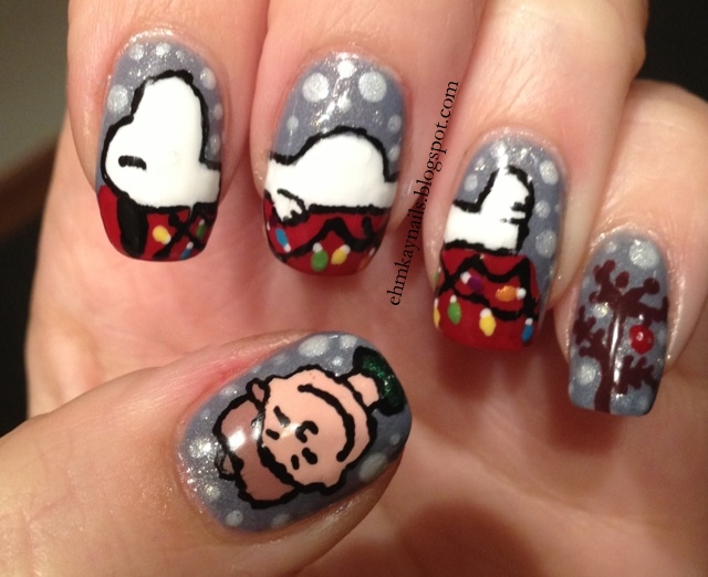 ehmkay nails Charlie Brown and Snoopy Christmas Nail Art