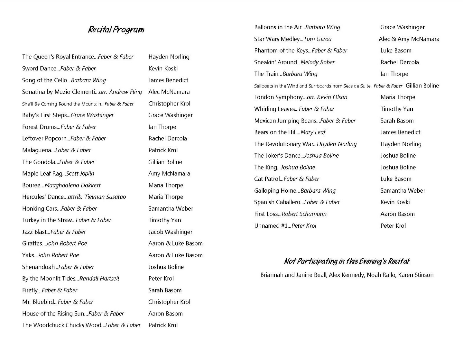 Piano Recital Program List