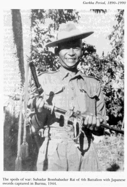 The spoils of war Subadar Bombahadhur Rai of 4th Battalion with Japanese sword captured in Burma 1944 The spoils of war Subadar Bombahadhur Rai of 4th Battalion with Japanese sword captured in Burma 1944