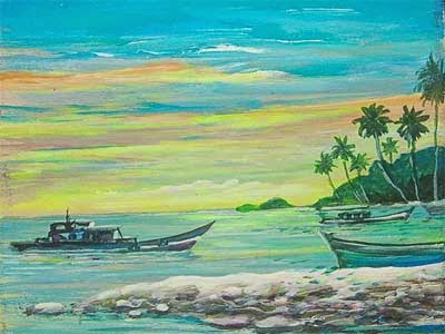 Lukisan Pemandangan Laut dan Perahu Nelayan Lukisan Pemandangan Laut dan Perahu Nelayan