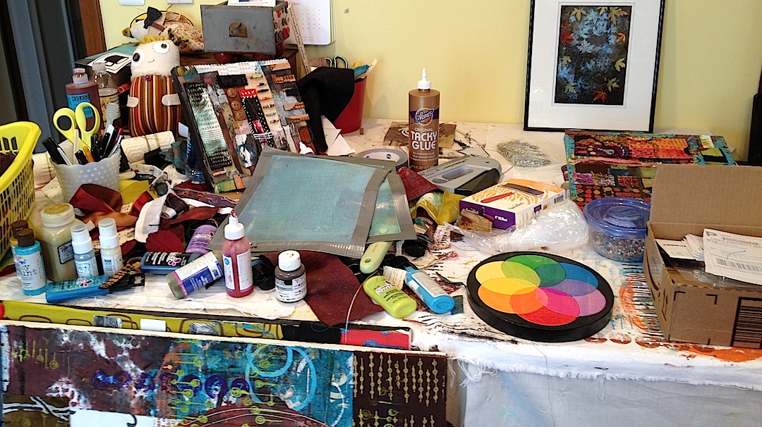 Fibra Artysta Mixed Media Fiber Art messy work table photo