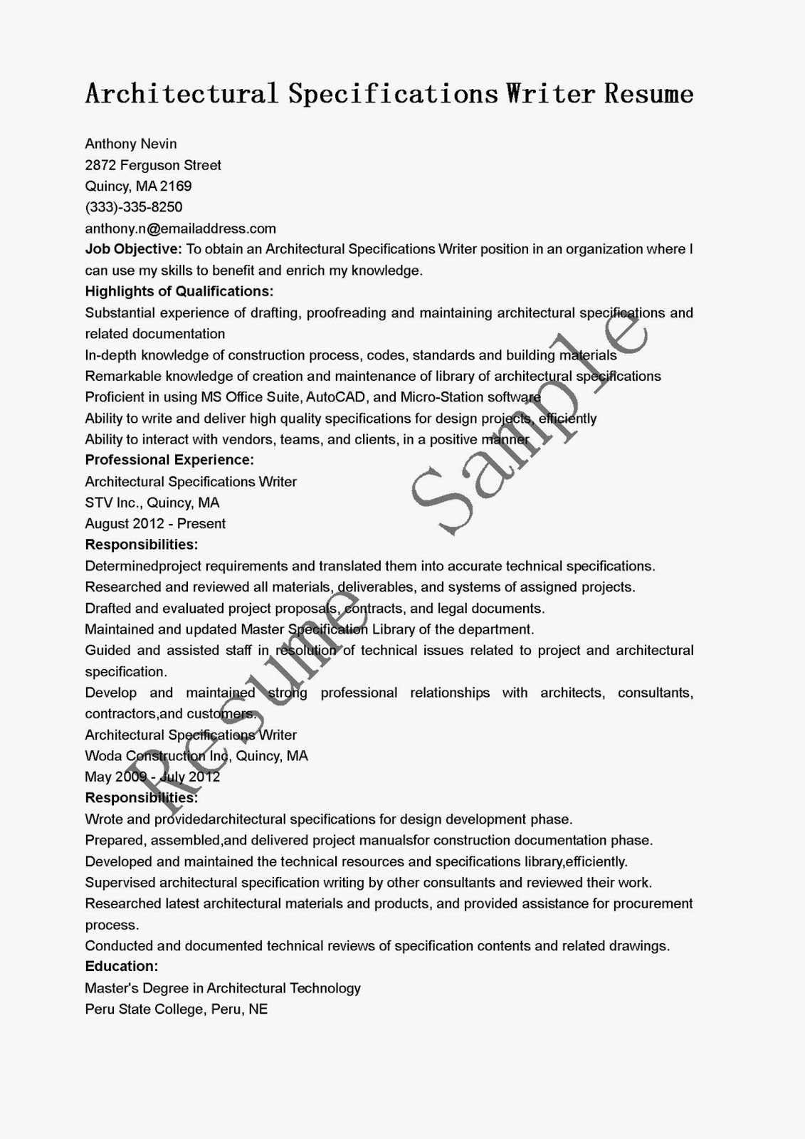 Resume Samples Architectural Specifications Writer Resume Sample