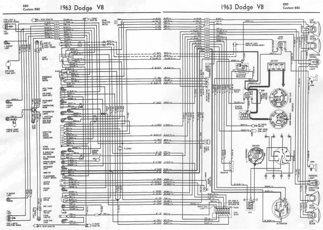 Dodge V8 880 and Custom 880 1963 Complete Electrical Wiring Diagram