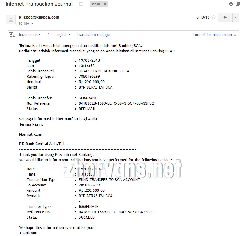 Transaksi yang ada di inbox email