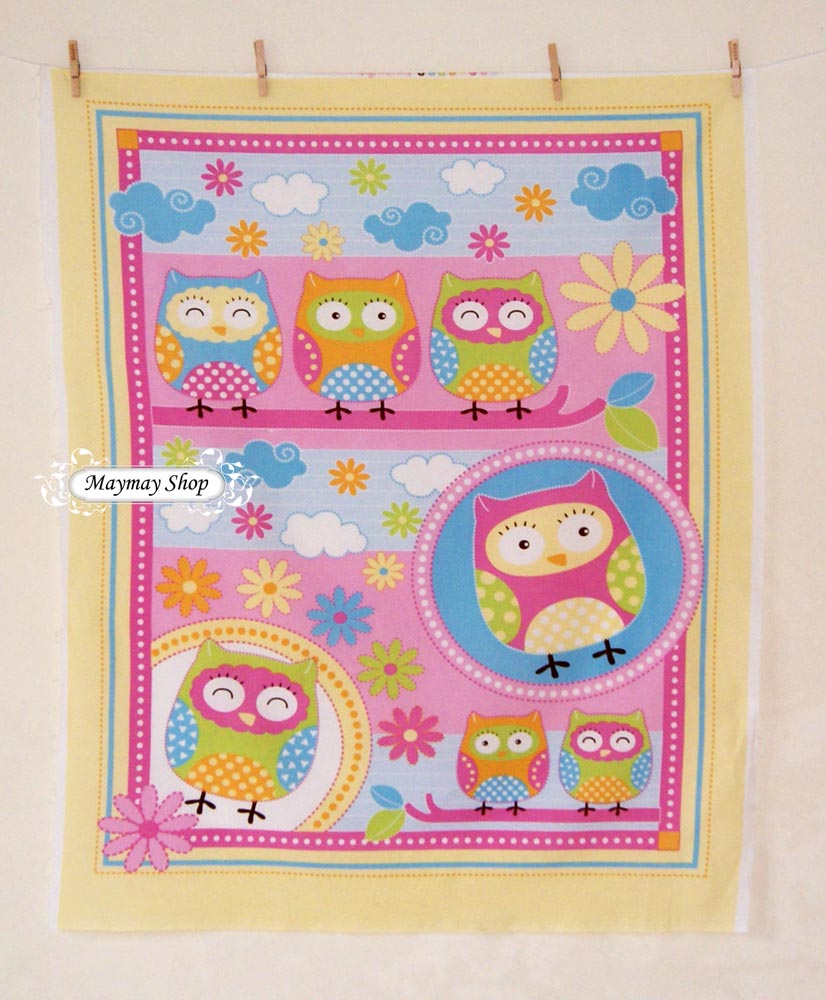 May May Shop C1126 Designer Brand Cotton *Night Owl Cot panel Beige*
