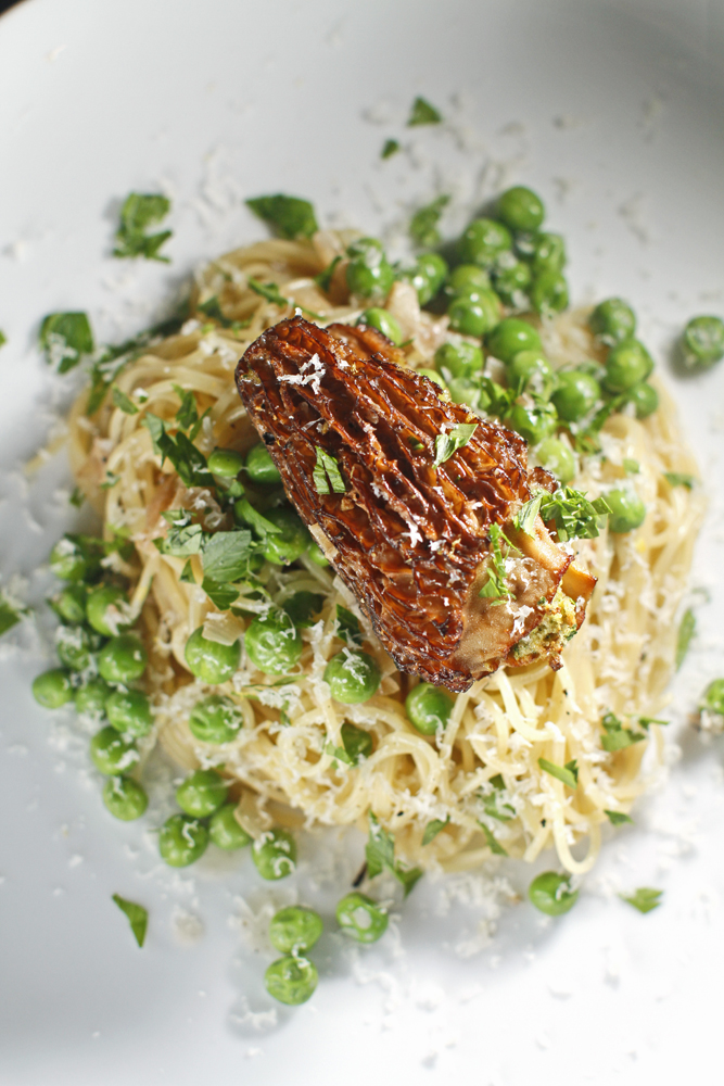 The Chubby Vegetarian Stuffed Morels over Angel Hair Pasta + Cream & Peas
