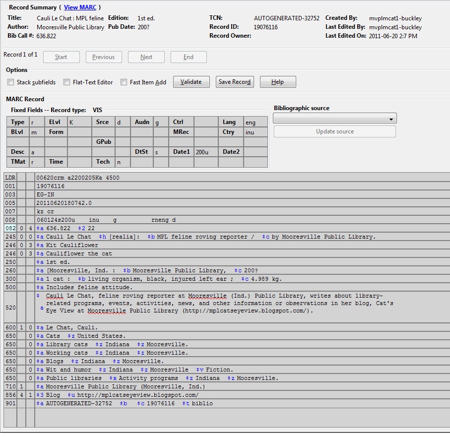 Cat's Eye View MPL My Special MARC Record in Evergreen Indiana