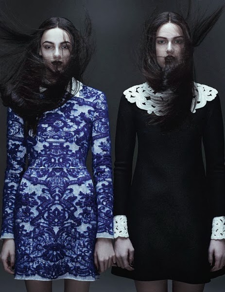 Interview Germany July August 2013, Elisabeth Erm + Josephine Le Tutour + Kremi Otashliyska + Anouk Torsing + Tess Hellfeuer Valentino 2013 AW Black Dress With White Lace Collar